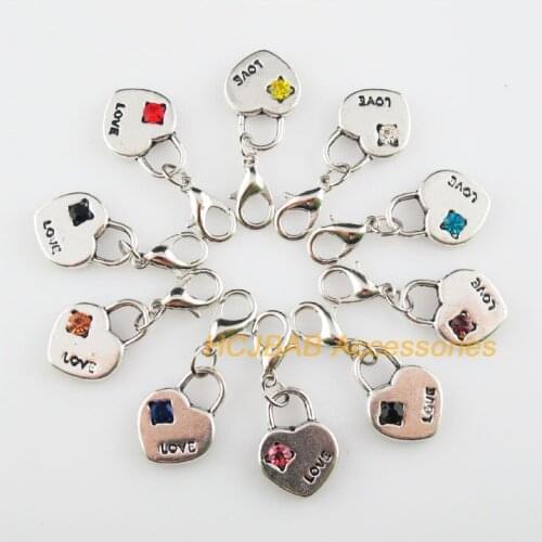 10 New Heart 12.5x17mm Charms Mixed Round Crystal Tibetan Silver Plated Retro With Lobster Claw Clasps