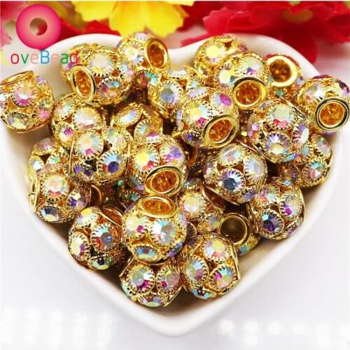 10Pcs Gold Brass CZ Crystal Micro Pave Setting Round Disco Ball Murano Charms Spacer Beads Fit Pandora Bracelet Chain Jewelry