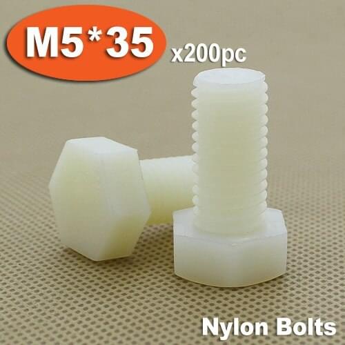 200pcs DIN933 M5 x 35 Fully Threaded White Plastic Nylon Bolts Hexagon Hex Head Bolt Set Screw Setscrews