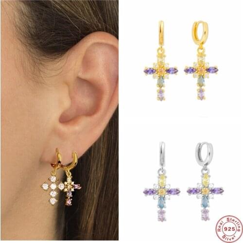 Aide 925 Sterling Silver Gold Dangling Cross Earrings For Women Colorful Cubic Zirconia Jeweled Cross Pendant Drop Earring Gift