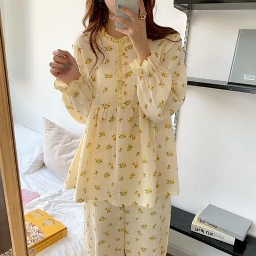 Alien Kitty Sweet Ruffles Girls Printed Florals Color-Hit Korean 2021 Fashion Plus Sleepwear Warm Cute Home Clothes Pajamas Sets