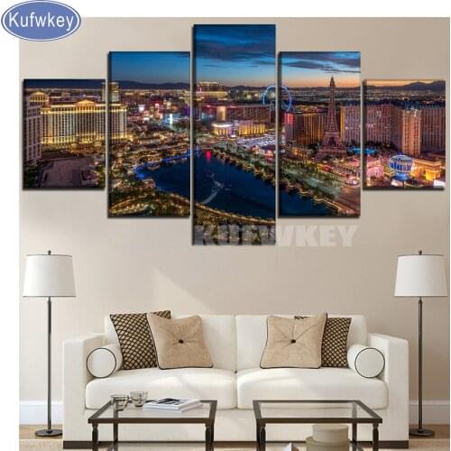 Multi-picture Full Square Drill 5D DIY Diamond Painting 5 Panel Cityscape Las Vegas Night Skyscraper Embroidery Mosaic stickers