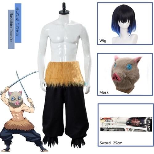 Anime Demon Slayer Cosplay Costume Hashibira Inosuke Suit Pants Grass Skirts Headgear Sword Wig Halloween Party Props Woman Man