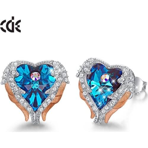 CDE Crystals Angel Wings Heart Stud Earrings for Women Korean Office Career Earing Fashion Jewelry Wholesale