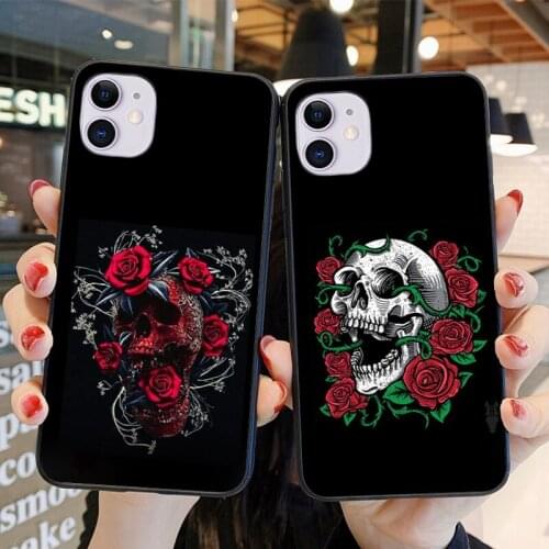 Apple iPhone 11 12 Pro X 7 8 Plus Black Phone Case Coque 6 6S XR XS Max se2020 Capas Retro Style Flower Skull Leather Case