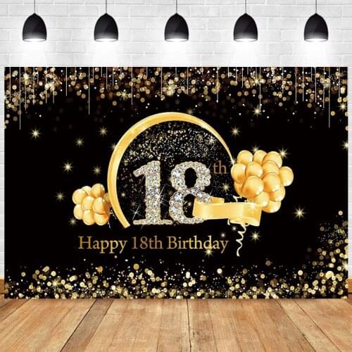 Black Gold 18th Photo Backdrop Women Happy Birthday Party Sequins Balloon Men Photography Background Banner Photocall Prop