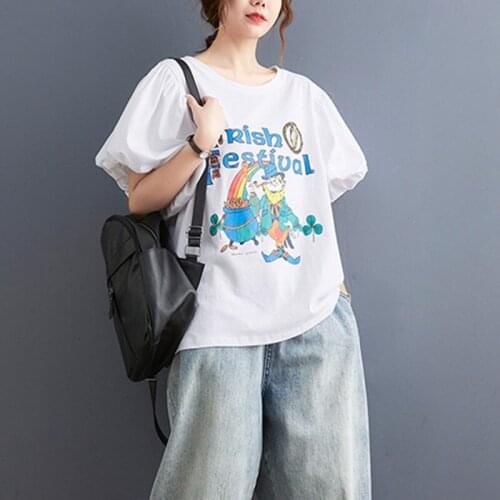 Korea Style Street Fashion Girls Cartoon T Shirts Loose Tops Puff Sleeve Print Letter Cotton White Women Casual Summer T Shirt