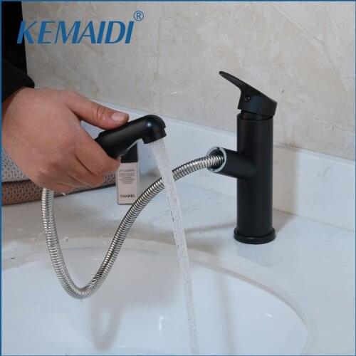 KEMAIDI 6 Choice Bath Basin Faucet Pull Out Mixer Chrome Faucet Black Sink Mixer Tap Vanity Hot Cold Water Bathroom Faucets