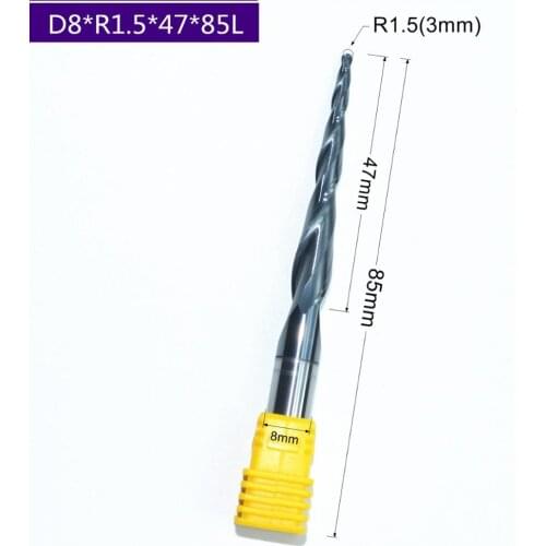HRC55 solid carbide D8*R1.5*47*85L TiALN Coated Taper Ball Nose End Mill,cone milling cutter,Spherical woodworking router bit
