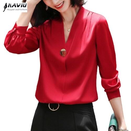 Red V Neck Shirt Women Temperament Long Sleeve Fashion Saitin Bottoming Casual High-End Blouses Office Ladies Foraml Work Tops