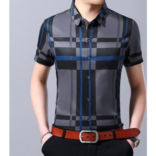 Shirts Men Shirt Vintage Short Sleeve Plaid Pattern Polyester Streetwear Blouse for Party Mens Clothing 2021