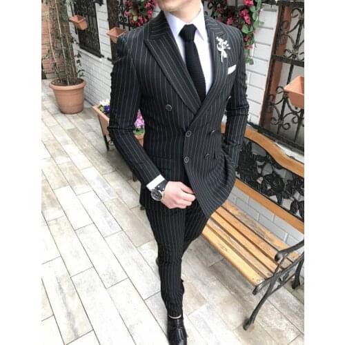 2021 Black Stripe Business Men Suits Slim Fit Wedding Groom Tuxedos Double Breasted Suit Costume Homme Mariage Terno Masculino