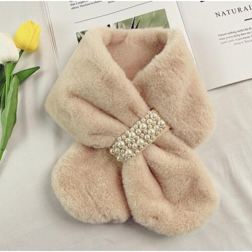 Khaki Soft Japan Pearl Faux Fur Scarf Women Winter Fashion Thick Warm Neck Collar Scarves 2021 New Ladies Women Girl Accessories