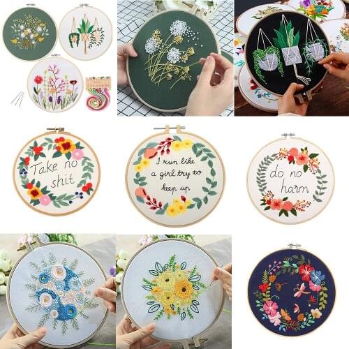 DIY Embroidery Flower Plants Handwork Needlework for Beginner Cross Stitch Kit Ribbon Painting Threads Tools Kit