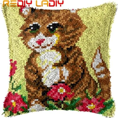 Latch Hook Kits Make Your Own Cushion Cat Flowers Pre-Printed Canvas Crochet Pillow Case Latch Hook Cushion Cover Arts & Crafts