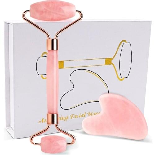 Facial Massage Jade Stone Roller For Face Natural Massager Pink Green Guasha Scraper Set Body Beauty Skin Care Slimming Roller