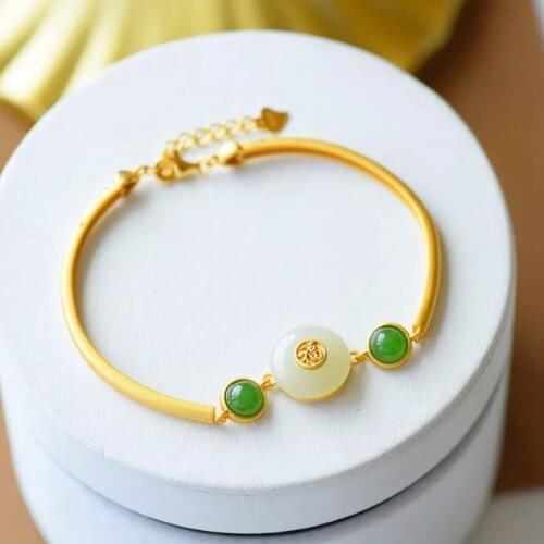 New Inlaid Natural Hotan Chalcedony Gourd Bracelet Chinese Style Retro Unique Ancient Gold Craft Charm Womens Brand Jewelry