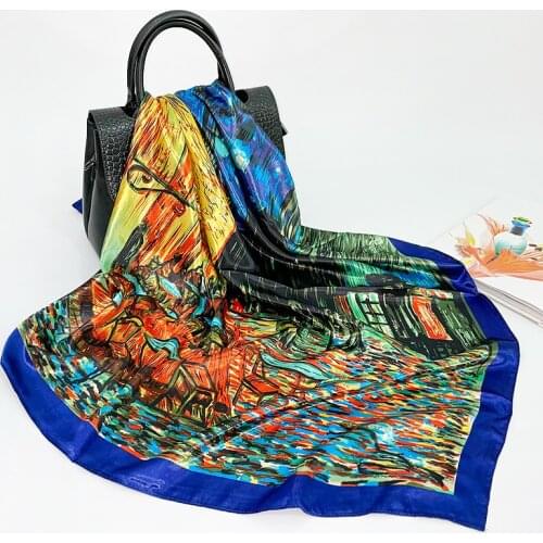 New Silk Scarf Women Large Square Scarf 90cm Turban Oil Painting Printing Cafe Custom Wholesale Satin Scarf