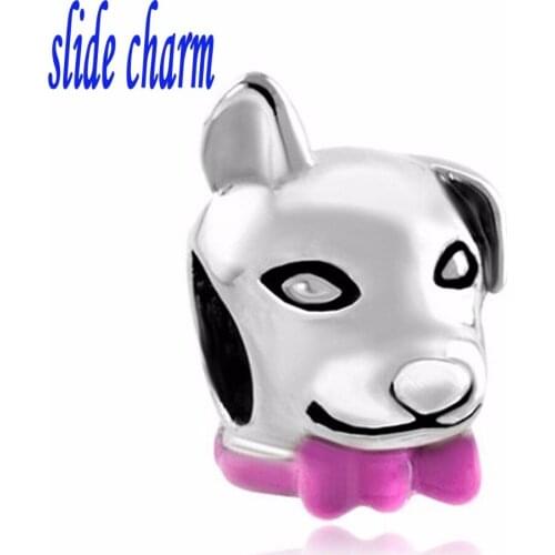Slide charm Free shipping pink enamel Shuer dog animal charm beads fit Pandora bracelet