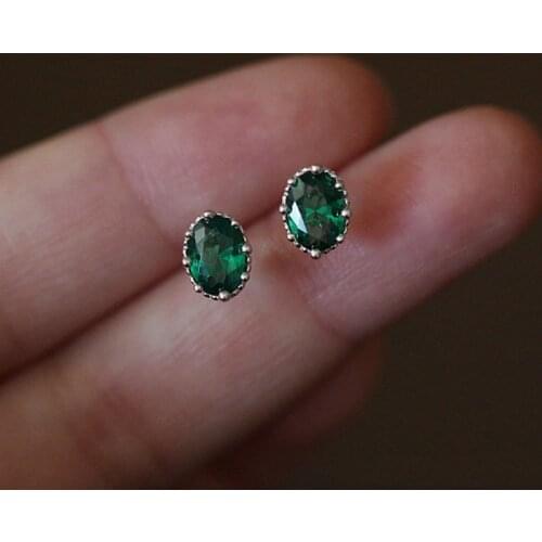 Luxury Female Emerald Green Zircon Earrings Crystal 925 Sterling Silver Gold Earrings For Women Small Oval Stud Earrings