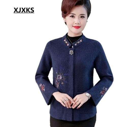 XJXKS Exquisite embroidery women coat 2020 autumn winter new loose plus size fashion diamond jacket women cardigan