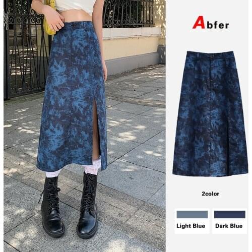 Abfer Plus Size Women Korean Chic Tie-dyed Split Skirts Summer Mid Length High Waist Gothic Irregular A- Line Sheath Denim Skirt