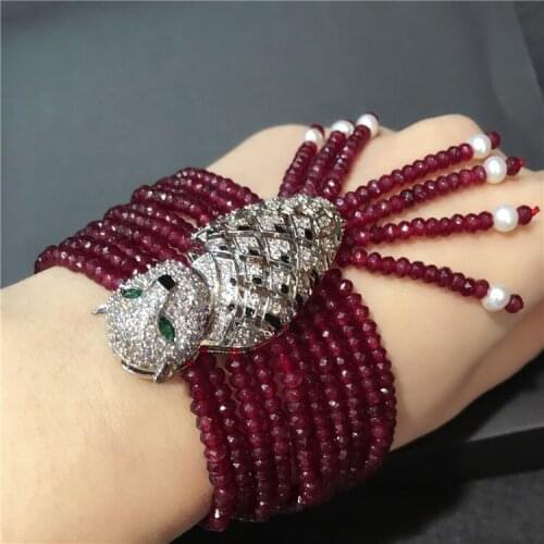 Handmade leopard head micro inlay zircon clasp purple stone multi-rows tassel bracelet gift box packing