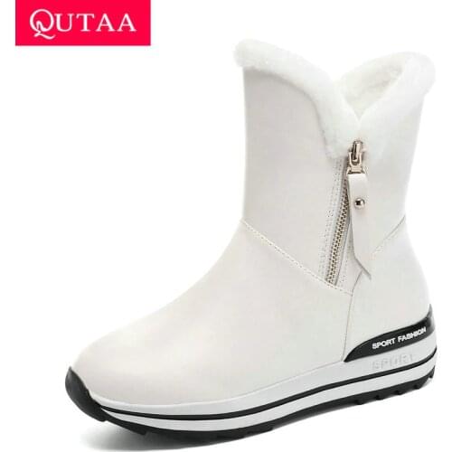 QUTAA 2020 Winter Warm Fur Platform Women Shoes PU Leather Round Toe Fashion Snow Boots Wedges Zipper Mid Calf Boots Size 34-43
