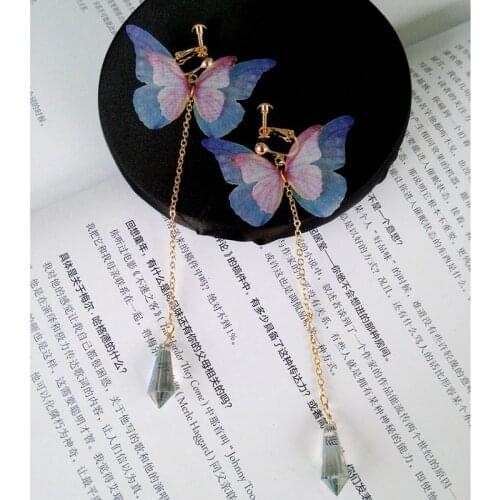 Grace Jun New Design Gold Color Crystal Cloth Butterfly Clip on Earrings Without Pirecing for Women Elegant Jewelry Accessory