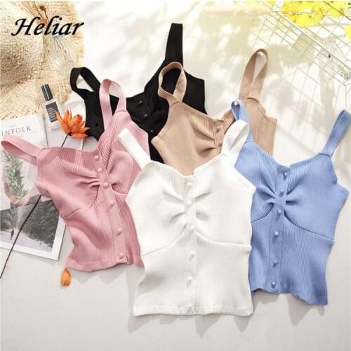 HELIAR Women V-Neck Buttoned Up Crop Tops Women Tops Pleated Spaghetti 2020 Summer Camis For Women Clothing