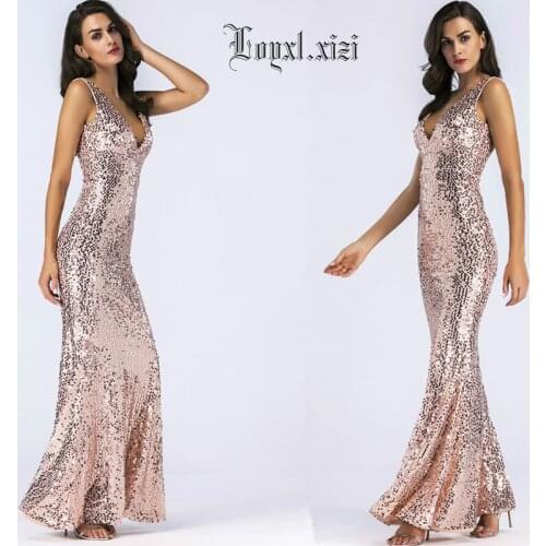 2018 Spring Summer Hot Fashion V-neck Paillette Sexy Women Floor-length Dress LQ0009