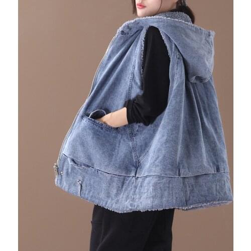 Winter Loose Hooded Thick Two Wear Lambswool Sleeveless Jacket Female Casual Warm Vest College Solid Color Zipper Waistcoat