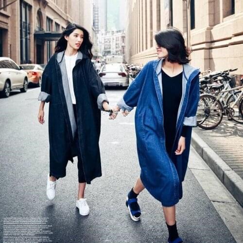2019 womens wear loose hooded denim Jacket long sleeve pure color windbreaker over knee coat trench coat for women
