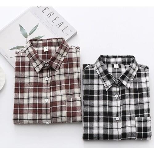 2021 Spring Korean Fashion Plaid Shirt Women Loose Vintage Cotton Shirts Blouses Ladies Long Sleeve Tops Coats