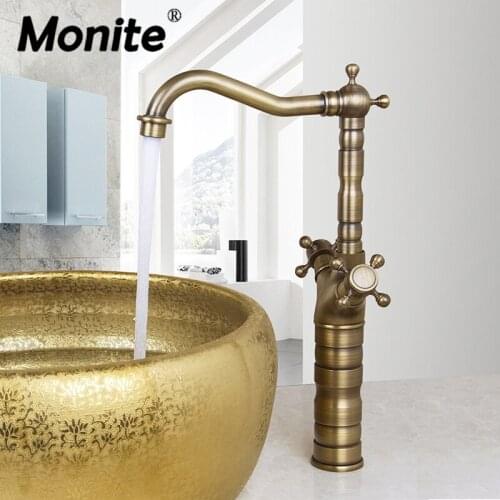 Monite Antique Brass Solid Brass Deck Mounted 2 Handle Bathroom Sink Mixer Faucet Counter Top Hot and Cold Water Mixer Taps