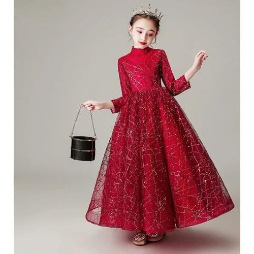 Burgundy Sequins Ball Gown Full Sleeves Zipper Back Elegant Kids Party Communion Dresses Girl Dresses For Weddings