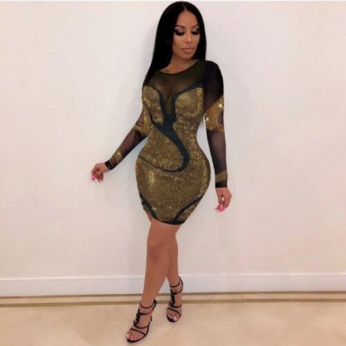 Felyn 2020 Ins Internet Celebrity Famous Plus Size Dress Diamond O-neck Long Sleeve Celebrity Party Mini Dress Vestidos