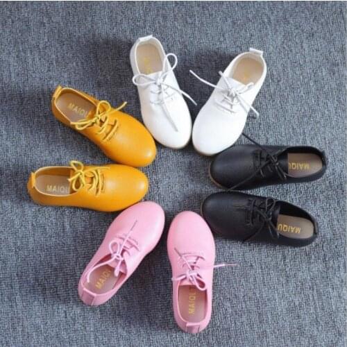 JY Children girls pure color pu shoes casual bean lace-up students Shoes white pink black yellow 21-36 TX10