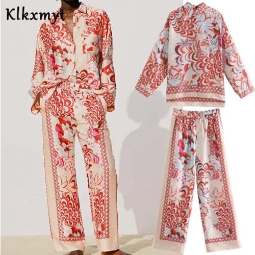 Klkxmyt Za 2021 2 Pieces Set Women Fashion Print Long Sleeve Shirts Woman Tops Tracksuits High Waist Casual Trousers Women Sets
