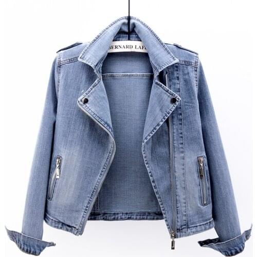 Spring Autumn Vintage Denim Jacket Womens Long sleeve Suit collar Zipper Motorcycle Short Outwear Casual Female Jeans Jackets
