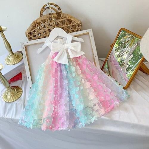 2021 Summer Girls' Dress Baby Kids Girls Clothes Korean Fashion Three-Dimensional Flower Big Bow Color Gradient Sling Dress