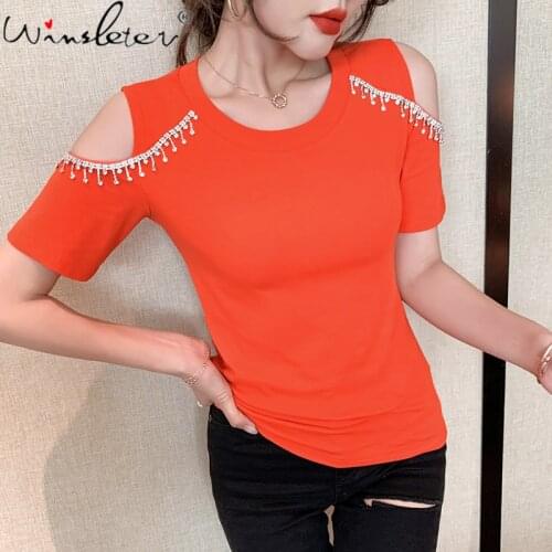 Summer European Clothes Cotton T-Shirt Fashion Sexy Off Shoulder Shiny Diamonds Tassels Women Tops Short Sleeve Tees New T14010A