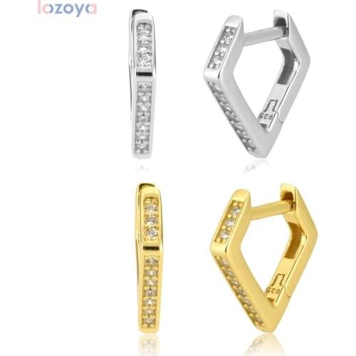 LOZOYA 925 Sterling Huggies Hoops 2021 Piercing Silver Rhombus Triangle Zircon CZ Crystal Luxury Pendiente Jewelry Rock Punk