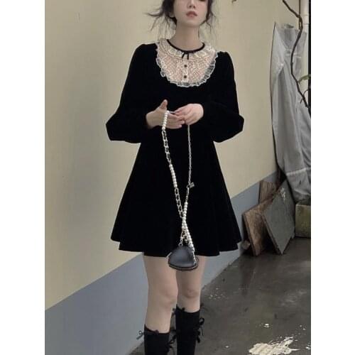 Sweet Elegant Kawaii Dress Women Autumn 2021 France Vintage Evening Party Mini Dress Black Lace Lolita Cute Dress Korean Ladies