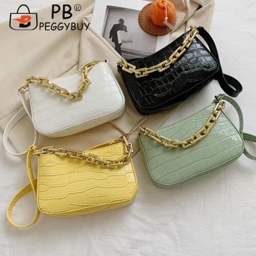 Fashion Women Alligator Pattern Shoulder Underarm Bag with Thick Acrylic Chain Portable Solid Color PU Leather Small Handbags