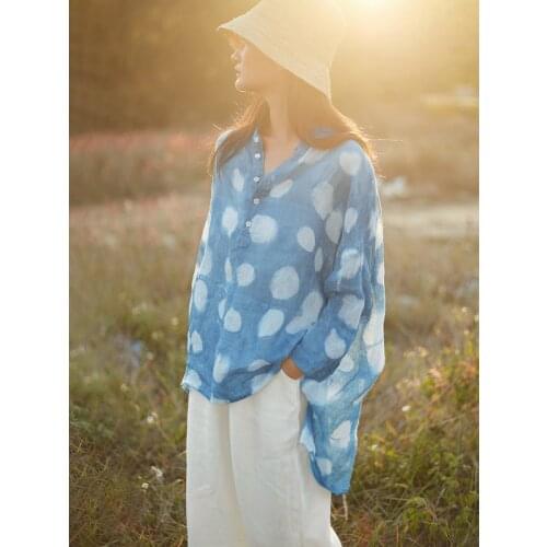 2021 spring and summer new literature and art simple Polka Dot Shirt hand tie dyeing Pullover loose linen top 2021055