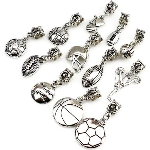 New Mix 12pcs Vintage Silver Charms Sports Soccer Ball European Bead Charm fit for Bracelets Necklace DIY Metal Jewelry Making