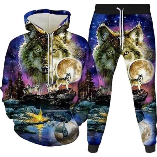 2021 Autumn And Winter Animal Wolf 3D Digital Printing Sportswear Suit Mens And Womens Hoodie Sweater Trousers Two-Piece Suit