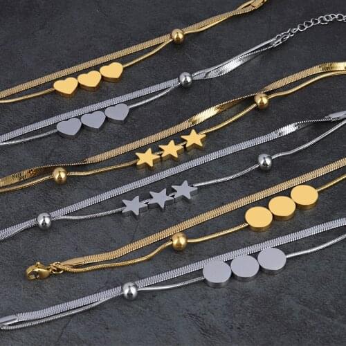Punk Stainless Steel Bracelet For Women Heart Bracelet Star Bracelet Double Layer Bracelet Thick Chain Bracelet Charm Bracelet