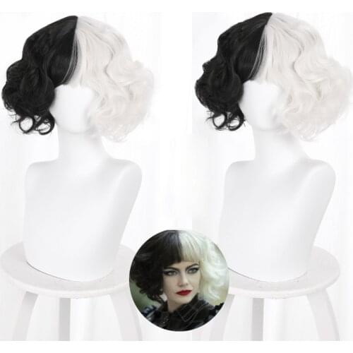 CRUELLA de Vil Short Curly Black White Ms. Spot Hair Deville Dalmations Heat Resistant Cosplay Costume Wigs + Wig Cap